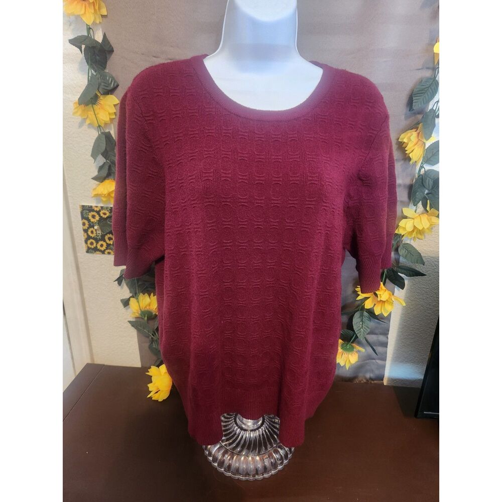 Liz Claiborne Short Sleeve Sweater Top Burgundy Maroon Textured Knit XXL